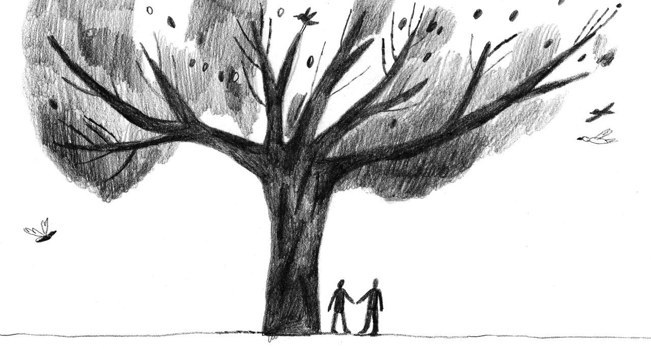Рисунок карандашом на котором изображено дерево и под ним стоят два силуэта людей, которые держатся за руки